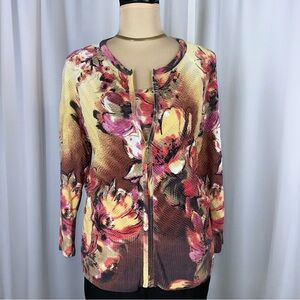 St. John 2 Pc Knit Cardigan (S) Shell (SP) Set Floral Gold Trim Quiet Luxury